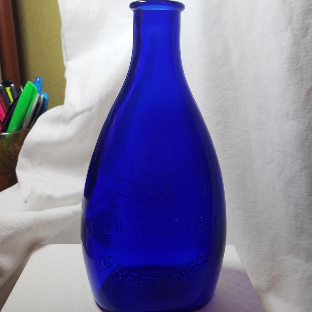 Vintage Cobalt Blue 1972 Seasons Greeting Three French Hens Bottle